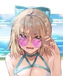 1girl ahoge bangs bare_shoulders bebe_pp blonde_hair blue_bow bow breasts cleavage commentary_request egasumi eyebrows_visible_through_hair fate/grand_order fate_(series) glasses grey_eyes hair_bow hair_ornament hair_over_eyes half_updo hand_up highres large_breasts looking_at_viewer looking_over_eyewear lower_teeth nail_polish okita_souji_(fate) okita_souji_(fate)_(all) open_mouth pink-tinted_eyewear pink_nails portrait rimless_eyewear round_eyewear short_hair smile solo swimsuit 
