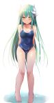  1girl bare_shoulders barefoot blue_one-piece_swimsuit blush breasts cleavage collarbone dragon_girl dragon_horns fate/grand_order fate_(series) full_body green_hair highres horns kiyohime_(fate) long_hair looking_at_viewer medium_breasts multiple_horns one-piece_swimsuit sen_(astronomy) smile solo swimsuit yellow_eyes 