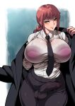  1girl alternate_breast_size blush bra braid breasts brown_eyes bulge chainsaw_man coat covered_penis erection erection_under_clothes futanari highres huge_penis large_breasts long_hair looking_at_viewer makima_(chainsaw_man) musashino_sekai necktie penis purple_bra red_hair see-through smile solo suit underwear 