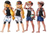  2boys backwards_hat bangs barefoot baseball_cap black_hair blonde_hair blue_eyes demon_boy elf eyewear_on_headwear from_behind grin hat highres kaminosaki1 light_brown_hair long_hair low-tied_long_hair male_focus monster_boy multicolored_hair multiple_boys original pointy_ears shorts sidelocks smile sportswear tachi-e tail two-tone_hair volleyball volleyball_uniform 