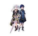  1boy 1girl absurdres aged_down black_coat black_gloves blue_eyes blue_hair braid chrom_(child)_(fire_emblem) chrom_(fire_emblem) coat fingerless_gloves fire_emblem fire_emblem_awakening fire_emblem_heroes frown gloves grey_eyes highres hiiragi_akio holding holding_sword holding_weapon looking_at_viewer robin_(female)_(child)_(fire_emblem) robin_(female)_(fire_emblem) robin_(fire_emblem) smile sword tachi-e twintails v-shaped_eyebrows weapon white_hair 
