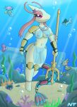 anthozoan anthro armor asterozoan background_character blue_bottomwear blue_clothing blue_loincloth blush blush_lines bottomwear breasts bubble buizel clothing cnidarian coral echinoderm eyelashes female finneon floating gauntlets gem generation_1_pokemon generation_3_pokemon generation_4_pokemon genitals gloves handwear heart_eyes heart_symbol hi_res holding_object holding_weapon horsea jewelry knee_pads light light_beam loincloth looking_at_viewer luvdisc marine melee_weapon milotic multicolored_tail necklace ninjatreecko nintendo ocean_floor pearl_(gem) pearl_necklace pokemon pokemon_(species) pokemorph polearm pussy red_eyes red_sclera rock ruins sand scales scaly_tail sea seaweed shellder shoulder_armor sleeping solo starfish starfish_(accessory) sunbeam sunlight tagme tail tan_body translucent translucent_clothing trident underwater underwater_scenery water weapon
