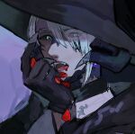  1boy au_ra black_gloves black_sclera blue_eyes colored_sclera eyes_visible_through_hair final_fantasy final_fantasy_xiv gg_dal gloves hand_up hat horns looking_at_viewer male_focus open_mouth portrait solo warrior_of_light_(ff14) white_hair witch_hat 