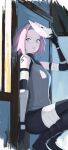  1girl against_wall bandaged_arm bandaged_leg bandages black_gloves black_pants elbow_gloves fox_mask gloves grey_eyes hair_intakes haruno_sakura looking_to_the_side mask naruto_(series) naruto_shippuuden ninja pants pink_hair short_hair solo tic_paint 