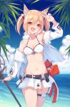  1girl :d animal_ears arknights arm_up armpits bare_shoulders belt bikini blonde_hair breasts cleavage cloud condensation_trail cowboy_shot day front-tie_bikini front-tie_top groin hair_between_eyes halterneck highres holding jacket long_hair looking_at_viewer medium_breasts miniskirt navel ocean off_shoulder open_clothes open_jacket open_mouth orange_eyes palm_leaf skirt sky smile solo sora_(arknights) standing stomach swimsuit thigh_strap thighs trimbil twintails v water white_bikini white_jacket white_skirt wolf_ears 