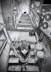  1girl 1other animal balloon building cat looking_at_viewer original sakiika0513 scenery stairs traditional_media trash_can uniform valley 