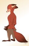  2017 absurd_res anthro aquamarine-moon barefoot brown_body brown_fur canid canine clothed clothing disney fox fur gloves_(marking) gradient_background green_eyes hi_res male mammal markings nick_wilde red_fox simple_background solo standing topless undressing zootopia 