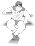  1boy abs bara bulge expressionless full_body furry furry_male greyscale hair_over_one_eye looking_at_viewer male_focus male_swimwear monochrome muscular muscular_male navel neck_fur pectorals ragi_san_(ononokomachiimo) shoes short_hair sitting sneakers socks solo stomach strongman_waist swim_briefs thick_thighs thighs tokyo_afterschool_summoners topless_male 