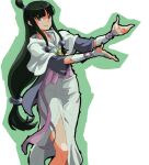  1girl ace_attorney bad_drawr_id bad_id black_hair blue_eyes blunt_bangs bridal_gauntlets closed_mouth gloves green_outline hair_ornament half_updo japanese_clothes jewelry kimono kmgr long_hair looking_at_viewer low-tied_long_hair magatama maya_fey necklace oekaki outline pink_sash sash sidelocks simple_background smile solo standing white_background 