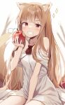  1girl animal_ears apple bare_shoulders blush breasts brown_hair commentary_request dress eating food food_on_face fruit grey_dress grin highres holding holding_food holding_fruit holo kinokomushi long_hair looking_at_viewer off-shoulder_dress off_shoulder red_eyes sitting small_breasts smile solo spice_and_wolf tail teeth very_long_hair wolf_ears wolf_girl wolf_tail 