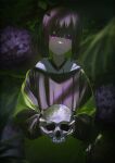  1girl 38_(sanjuuhachi) black_hair black_nails blunt_bangs bob_cut collared_shirt colored_inner_hair commentary_request dark dot_nose flower_request green_hair highres holding holding_skull hood hood_down hoodie long_sleeves looking_at_viewer multicolored_clothes multicolored_hair multicolored_hoodie necktie original parted_lips purple_eyes purple_necktie shirt short_hair skull solo sword upper_body weapon 