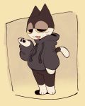  2020 animal_crossing anthro black_body black_clothing black_fur black_hoodie black_pawpads black_topwear bottomless clothed clothing digital_media_(artwork) dipstick_tail domestic_cat felid feline felis full-length_portrait fur half-closed_eyes hi_res hoodie jaquin_s looking_at_viewer male mammal multicolored_tail narrowed_eyes nintendo open_mouth pawpads paws portrait punchy_(animal_crossing) simple_background solo standing toony topwear video_games whiskers 