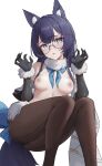  1girl absurdres animal_ear_fluff animal_ears black_gloves black_pantyhose blue_eyes breasts elbow_gloves feet_out_of_frame glasses gloves hair_ornament hands_up hasu_no_shiro highres honkai:_star_rail honkai_(series) long_hair looking_at_viewer medium_breasts nipples open_mouth pantyhose pela_(honkai:_star_rail) purple_hair purple_tail round_eyewear solo topless white_background 