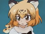  1girl animal_ears animal_print bishoujo_senshi_sailor_moon black_hair bow bowtie brown_hair confused derivative_work eyebrows_visible_through_hair fur_scarf hair_between_eyes jaguar_(kemono_friends) jaguar_ears kakeru_(msjatl80) kemono_friends looking_to_the_side medium_hair meme multicolored_hair open_mouth orange_hair print_scarf sailor_moon_redraw_challenge scarf screencap_redraw shirt solo two-tone_hair 