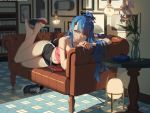 1girl 2019 ai-chan_(playstation) bangs bare_legs barefoot black_shorts blue_eyes blue_hair blurry blurry_background blush bookshelf chinese_commentary collarbone commentary controller copyright couch dualshock eyelashes flower full_body game_console game_controller gamepad hair_ornament handheld_game_console highres indoors lamp legs light_bulb long_hair looking_at_viewer lying midriff nail_polish navel on_couch on_side picture_frame pink_flower pink_nails pink_shirt playstation playstation_3 playstation_controller playstation_portable shadow shirt shoe_removed shoes short_shorts shorts single_shoe smile sneakers soles solo sony strap_slip tank_top tile_floor tiles vase vofan 