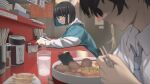  1boy 1girl 38_(sanjuuhachi) black_hair blue_eyes blue_hair blue_necktie blunt_bangs blurry blush bob_cut chopsticks collared_shirt colored_inner_hair commentary_request cup depth_of_field drooling eating faceless faceless_male food food_request highres holding holding_chopsticks holding_phone hood hood_down hoodie leaning_forward long_sleeves looking_at_food multicolored_hair necktie noodles open_collar original parted_lips phone ramen saliva shirt short_hair sidelocks sweat thick_eyelashes two-tone_hair two-tone_hoodie water white_shirt 
