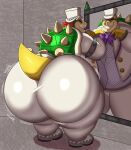 anthro big_butt bow_tie bowser butt butt_focus clothed clothing footwear hat headgear headwear hi_res huge_butt hyper hyper_butt koopa looking_at_mirror looking_at_object male mario_bros megacoolbear_(artist) mirror nintendo onomatopoeia rear_view scalie shoes solo sound_effects suit text top_hat white_clothing white_suit wobbling