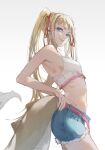  1girl absurdres blonde_hair commentary denim denim_shorts dina(dino) dinosaur_tail english_commentary highres littlemisstina_(artist) shorts smug solo tail 