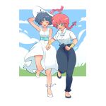  2girls black_footwear blue_eyes blue_hair blush breasts closed_eyes cloud cloudy_sky couple dress grass highres holding_hands mariadraws97 multiple_girls open_mouth ranma-chan ranma_1/2 red_hair short_hair sky tendou_akane white_dress white_footwear 