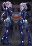  2girls absurdres armored_bodysuit ass blue_bodysuit blue_eyes bodysuit breasts covered_nipples fortified_suit full_body hand_on_own_hip headgear highres kurione_(zassou) large_breasts long_hair looking_at_viewer looking_back mecha mole mole_under_mouth multiple_girls muv-luv muv-luv_alternative original ponytail purple_hair robot shiny_clothes skin_tight standing 