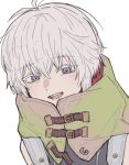  1boy bags_under_eyes bare_shoulders detached_sleeves gloves gnosia grey_eyes grey_hair hair_between_eyes highres hood hoodie looking_at_viewer male_focus purple_eyes remnan_(gnosia) short_hair simple_background solo user_wahs4747 white_background 