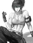  1girl abs armlet bare_shoulders belt blue_eyes breasts dog_tags gloves glowing glowing_eyes greyscale highres leona_heidern monochrome muscular muscular_female navel orochi_leona ponytail robusta_mania sitting sleeveless soldier tank_top the_king_of_fighters toned veins veiny_arms 