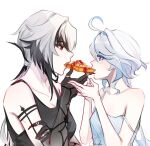  2girls arlecchino_(genshin_impact) arm_tattoo bare_shoulders black_eyes black_hair black_tank_top blue_eyes blue_hair commentary eye_contact food from_side furina_(genshin_impact) genshin_impact glaciel hand_up holding holding_food looking_at_another multiple_girls profile strap_slip tank_top tattoo upper_body white_hair 