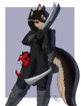 anthro black_hair breasts canid canine clothed clothing colored female fox fully_clothed grin hair jackthekipper kissing looking_at_viewer mammal mask melee_weapon ninja ninja_suit noh_mask oni_mask red_eyes smile solo sword the_sake_ninja true_fox warrior weapon