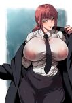 1girl alternate_breast_size blush braid breasts brown_eyes chainsaw_man coat highres large_breasts long_hair looking_at_viewer makima_(chainsaw_man) musashino_sekai necktie nipples no_bra red_hair see-through smile solo suit 