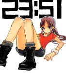  1girl bad_drawr_id bad_id bare_legs black_footwear black_shorts blue_eyes boots bracelet brown_hair character_request copyright_request grey_socks jewelry knees_up long_hair looking_at_viewer lying megamegaglass oekaki on_back ponytail red_shirt shirt short_sleeves shorts simple_background socks solo timestamp white_background 