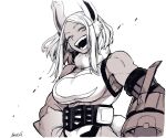  1girl animal_ears bare_shoulders blush boku_no_hero_academia breasts closed_eyes commentary crescent_print dark-skinned_female dark_skin floating_hair fur_collar gloves hand_on_own_hip head_tilt large_breasts leotard long_eyelashes mechanical_arms mirko parted_bangs rabbit_ears rabbit_girl short_hair signature single_mechanical_arm sleeveless_turtleneck_leotard smile solo symbol-only_commentary takatsuki_ichi taut_leotard upper_body white_background white_gloves white_hair white_leotard 