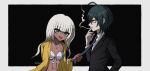  1boy 1girl :d artist_name black_background black_jacket cigarette danganronpa_(series) danganronpa_v3:_killing_harmony dark-skinned_female dark_skin from_side grey_background grey_eyes grey_hair holding holding_cigarette jacket long_sleeves mikao_(eanv5385) necktie necktie_grab neckwear_grab official_alternate_costume open_clothes open_jacket saihara_shuichi smile smoking striped_necktie teeth upper_teeth_only yonaga_angie 