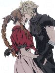  1boy 1girl aerith_gainsborough armor bandaged_arm bandages belt black_gloves blonde_hair braid braided_ponytail brown_hair closed_mouth cloud_strife couple cowboy_shot cropped_jacket dress earrings final_fantasy final_fantasy_vii final_fantasy_vii_rebirth final_fantasy_vii_remake gloves hair_ribbon half-closed_eyes hetero highres holding_hands jacket jewelry long_dress long_hair multiple_belts parted_bangs parted_lips pink_dress pink_ribbon red_jacket ribbon roku_(gansuns) short_hair short_sleeves shoulder_armor sidelocks single_bare_shoulder single_braid single_earring single_shoulder_pad sleeveless sleeveless_turtleneck spiked_hair suspenders tears turtleneck twitter_username wavy_hair white_background 