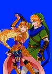  1boy 1girl armor armored_dress blonde_hair blue_background braid couple dancing fuwafuwallen gauntlets green_tunic hat highres holding_hands hyrule_warriors link long_hair pointy_ears princess princess_zelda simple_background the_legend_of_zelda tunic 