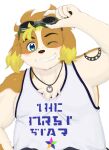 absurd_res anthro belly blue_eyes blush canid canine canis clothing domestic_dog floppy_ears hi_res hisaki_(live_a_hero) kemono_gakubuti lifewonders live_a_hero male mammal shirt slightly_chubby smile solo tank_top topwear