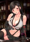  1girl arm_guards arm_support bar black_hair black_skirt bra breasts cleavage cup drinking_glass elbow_gloves final_fantasy final_fantasy_vii final_fantasy_vii_remake fingerless_gloves gloves highres lace lace-trimmed_bra large_breasts long_hair looking_at_viewer low-tied_long_hair materia mole mole_on_breast navel nemunemu_semi shirt_pull skirt solo stomach suspender_skirt suspenders tank_top tifa_lockhart underwear white_tank_top wine_glass 