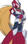  1boy armor blonde_hair blue_eyes boots chest_jewel crossed_arms feet_out_of_frame forehead_jewel from_side highres long_hair mega_man_(series) mega_man_x_(series) red_armor red_footwear red_helmet shadow shoulder_armor simple_background sketch solo vani_(hisha_04) white_background zero_(mega_man) 