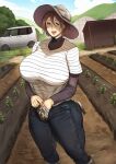  1girl bags_under_eyes barn breasts brown_eyes brown_hair curvy day denim farm farmer gardening gloves hat highres huge_breasts jeans lips lipstick long_sleeves looking_at_viewer makeup mature_female open_mouth original outdoors pants plump rural shirt short_hair sky solo striped_clothes striped_shirt thick_thighs thighs toshi21888046 