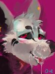 absurd_res anthro black_ears black_nose black_sclera blush bodily_fluids bust_portrait cheek_tuft cum cum_on_tongue ear_piercing ear_ring ear_stud facial_tuft fur genital_fluids head_tuft hi_res male narrowed_eyes oselotti piercing pink_background pink_eyes portrait red_tongue ring_piercing signature simple_background solo tongue tongue_out tuft white_body white_ears white_fur