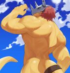 anthro armor back_muscles bandai_namco bodily_fluids clothed clothing digimon digimon_(species) green_eyes hair headgear helmet male muscular muscular_anthro muscular_male red_hair ririccccce scalie solo sweat topless wargreymon