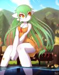  anthro big_hands braided_hair breasts cleavage clothed clothing dock dress female flower gardevoir hair hi_res mountain nintendo partially_submerged plant pok&eacute;mon pok&eacute;mon_(species) ribbons rilex_lenov smile solo tree video_games 