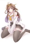  1girl absurdres ahoge bare_shoulders black_legwear black_skirt brown_hair detached_sleeves double_bun eyebrows_visible_through_hair headgear highres kantai_collection kongou_(kantai_collection) long_hair looking_to_the_side nontraditional_miko pleated_skirt purple_eyes remodel_(kantai_collection) saamon_(salmonkomaku) sitting skirt smile solo thighhighs wariza 