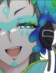  1other androgynous blue_eyes blue_hair close-up facepaint facial_mark feathers forehead_mark gnosia green_eyes green_hair headphones kyowakoku_wako long_hair long_sleeves looking_at_viewer makeup multicolored_hair other_focus raqio simple_background solo streaked_hair tattoo upper_body 