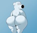 2024 absurd_res anthro bedroom_eyes big_butt black_eyes black_nose blue_background brian_griffin butt canid canine canis colossalstars digital_media_(artwork) domestic_dog family_guy fur half-closed_eyes hi_res huge_butt looking_at_viewer looking_back male mammal narrowed_eyes presenting presenting_hindquarters rear_view seductive short_tail simple_background smile solo standing tail thick_thighs white_body white_ears white_fur white_tail