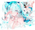  1girl ;o bare_shoulders blue_eyes blue_hair collarbone commentary_request dress flower hair_between_eyes hand_up hatsune_miku juexing_(moemoe3345) long_hair looking_at_viewer one_eye_closed parted_lips pink_flower sleeveless sleeveless_dress solo upper_body vocaloid white_dress white_flower 
