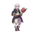  1boy absurdres aged_down black_coat book brown_gloves brown_hair coat fingerless_gloves fire_emblem fire_emblem_awakening fire_emblem_heroes gloves highres holding holding_book katze-reis-kuchen--nyankoromochi looking_at_viewer open_book robin_(fire_emblem) robin_(male)_(child)_(fire_emblem) robin_(male)_(fire_emblem) smile solo tachi-e tagme transparent_background white_hair 
