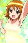 1girl arm_up armpits bare_shoulders breasts brown_eyes brown_hair clenched_hand commentary glowing green_background hanzou happinesscharge_precure! highres lens_flare light_particles looking_at_viewer naked_towel oomori_yuuko open_mouth precure short_hair smile solo standing towel 