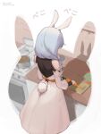  1girl absurdres animal_ears artist_name bare_shoulders black_bodysuit blue_hair bodysuit braid carrot commentary cutting_board detached_sleeves dress english_commentary from_behind gradient_hair highres holding holding_carrot hololive indoors kitchen long_hair long_sleeves multicolored_hair noraesei pekomama rabbit_ears rabbit_girl rabbit_tail side_braid solo standing tail tail_through_clothes translation_request twitter_username white_background white_dress white_hair white_sleeves 