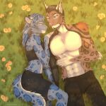 2024 5_fingers abs anthro areola athletic athletic_anthro athletic_male bethesda_softworks blue_body blue_eyes blue_hair blue_spots bottomwear breasts brown_body brown_fur brown_hair brown_spots chest_tuft claws clothed clothing cybernetic_arm cybernetic_eye cybernetic_limb cybernetics duo felid feline female fingers fur grass grey_body grey_fur hair hand_holding hand_on_shoulder hi_res inner_ear_fluff khajiit leopard looking_at_another lying lynx m&#039;ria_(maks_hunt) machine maks_(maks_hunt) male mammal markings megamors navel on_back on_grass on_side orange_spots pantherine pants plant scar shorts smile snow_leopard spots spotted_body spotted_fur tail text the_elder_scrolls topless topless_male topwear tuft url white_body white_fur wildflowers