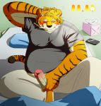  anthro bed big_dick_day black_nose blush bottomwear clothing erection felid furniture genitals hi_res humanoid_hands kemono male mammal overweight overweight_male pantherine pants penis pillow shirt sitting solo tiger topwear wdh3905 